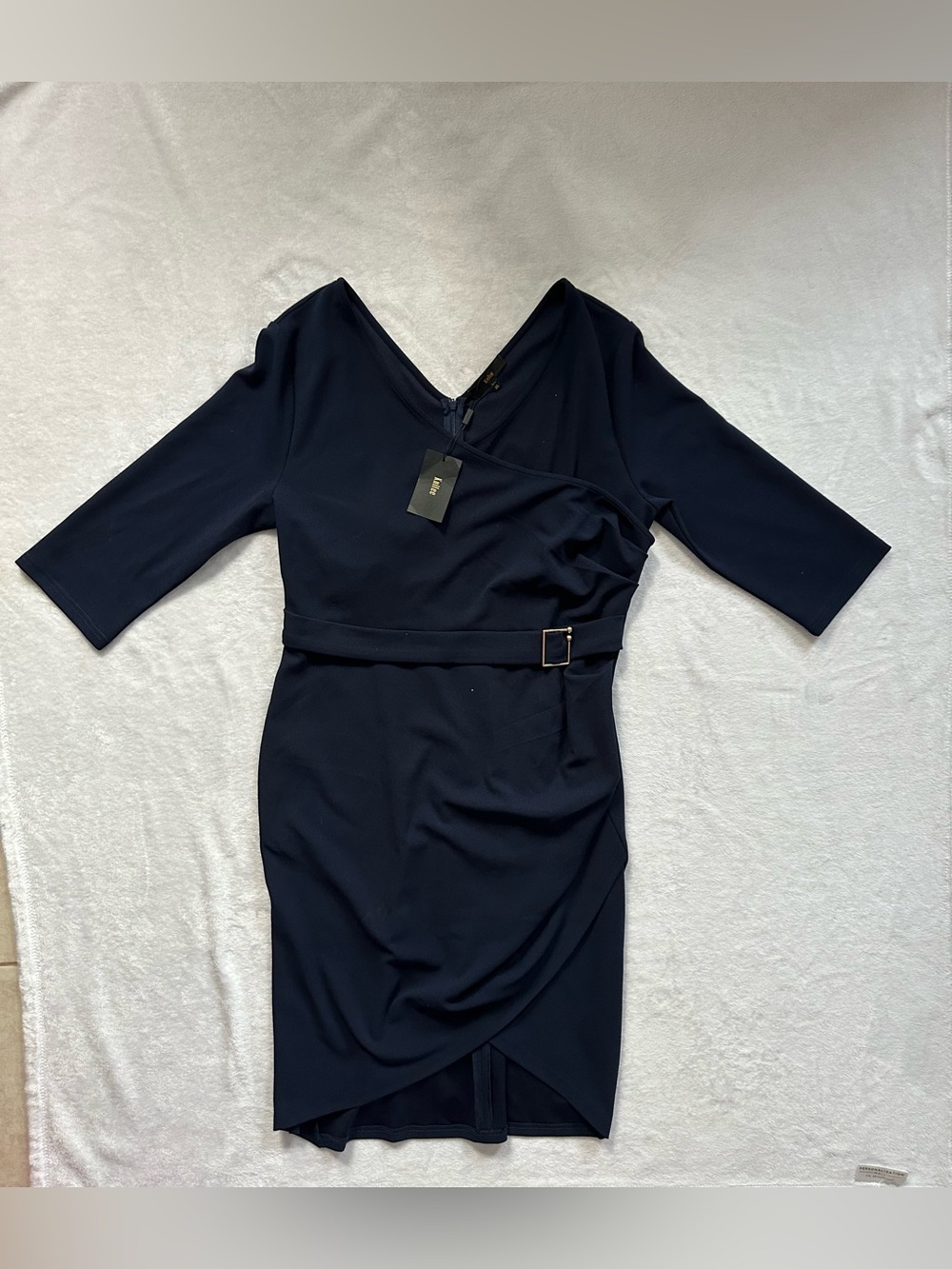 Knitee Faux Wrap V-Neck Bodycon Dress Navy Blue Size XXL NWT 3/4 Sleeves Belted